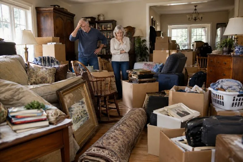 A couple sorting through a houseful of belongings