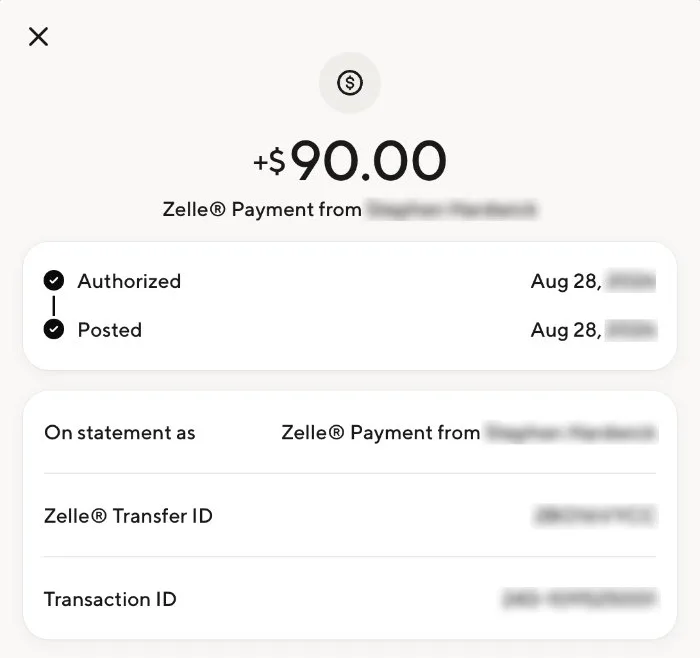 A Zelle payment received from a buyer